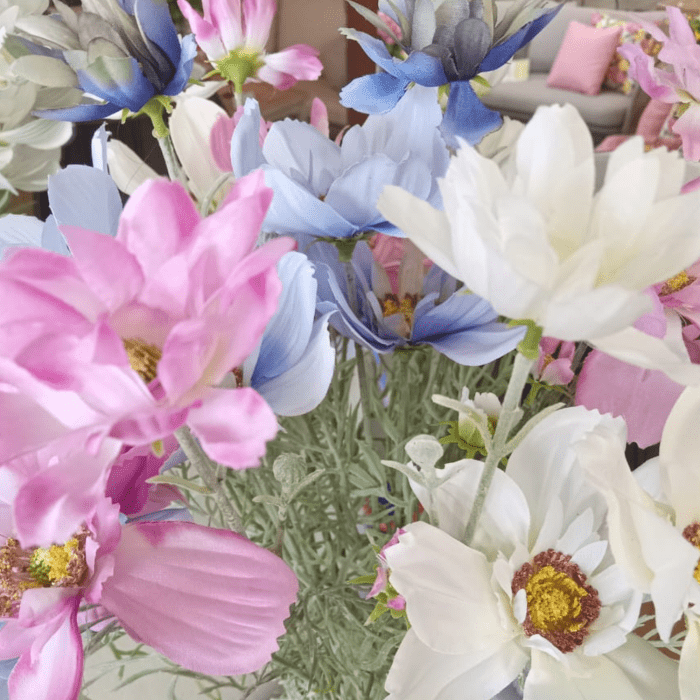 Shop decorative artificial flower stick with 4 heads in six colors. 65cm, unique greenery, realistic design, perfect for home or event décor.